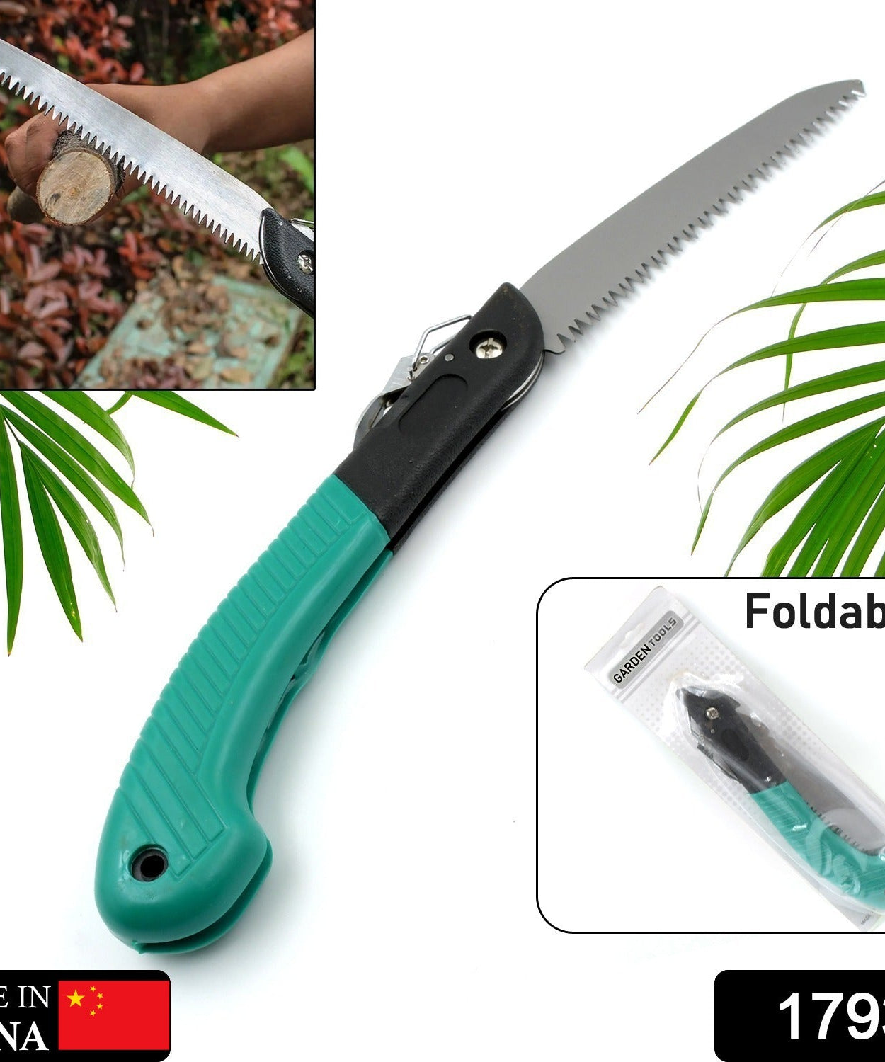 Pruning saw, folding design, ideal for camping, gardening, and cutting various materials.