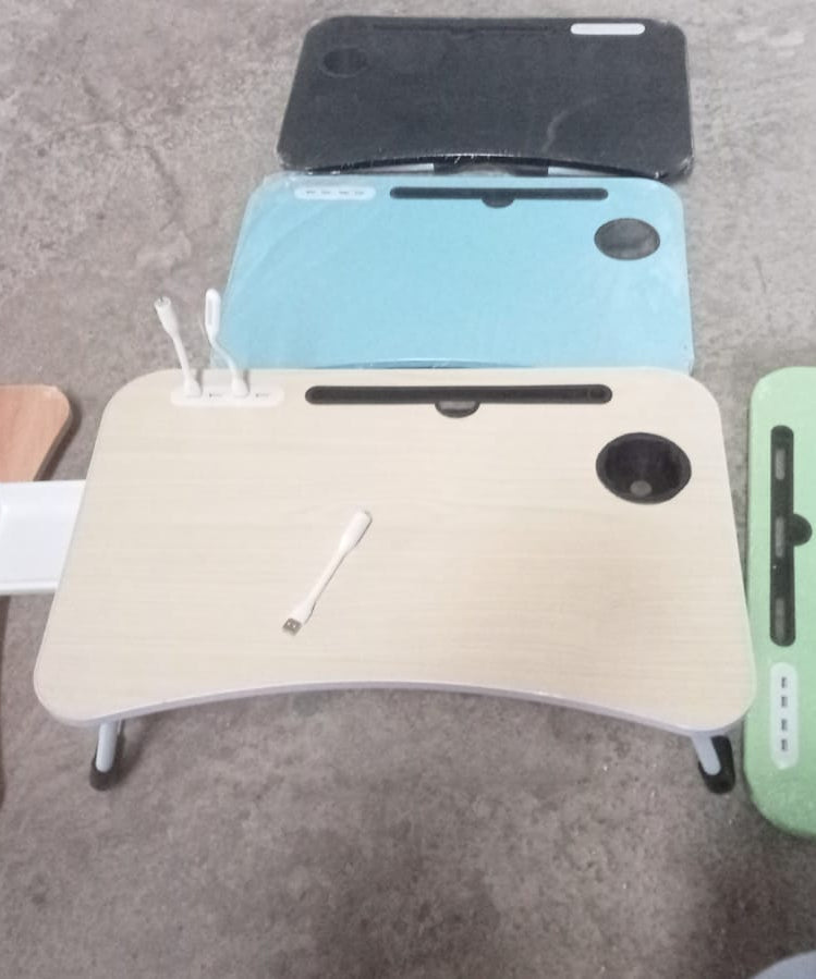 MultiPurpose Study Table Foldable Portable Notebook Bed Lap Desk Tray Stand Reading Holder with Coffee Cup Slot, Drawer, Fan, USB Cable & Light for Breakfast, Reading & Movie Watching (1 Pc Mix Color)