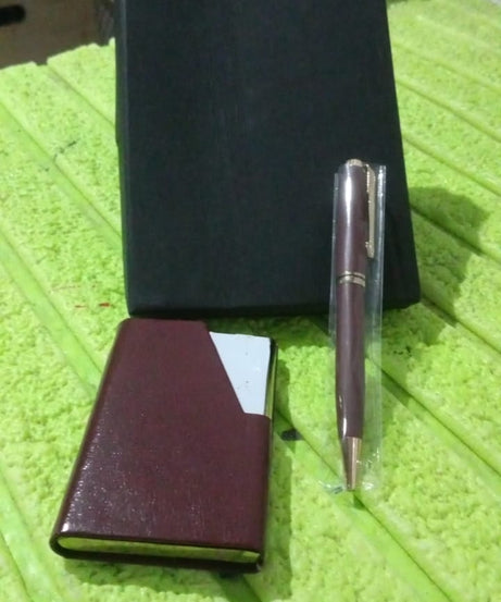 Leather Professional Business Visiting Card Case With Luxury Ballpoint Blue Pens (2 Pc Set / With Gift Box)