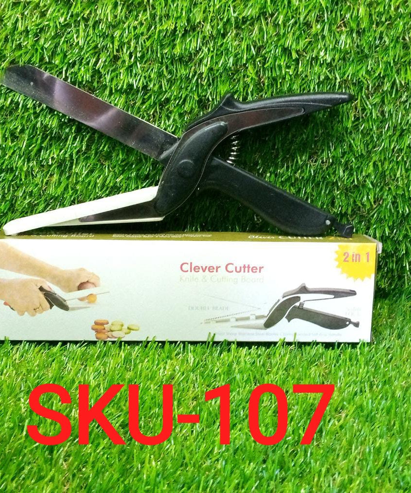 Clever cutter for slicing and dicing, features integrated handle.