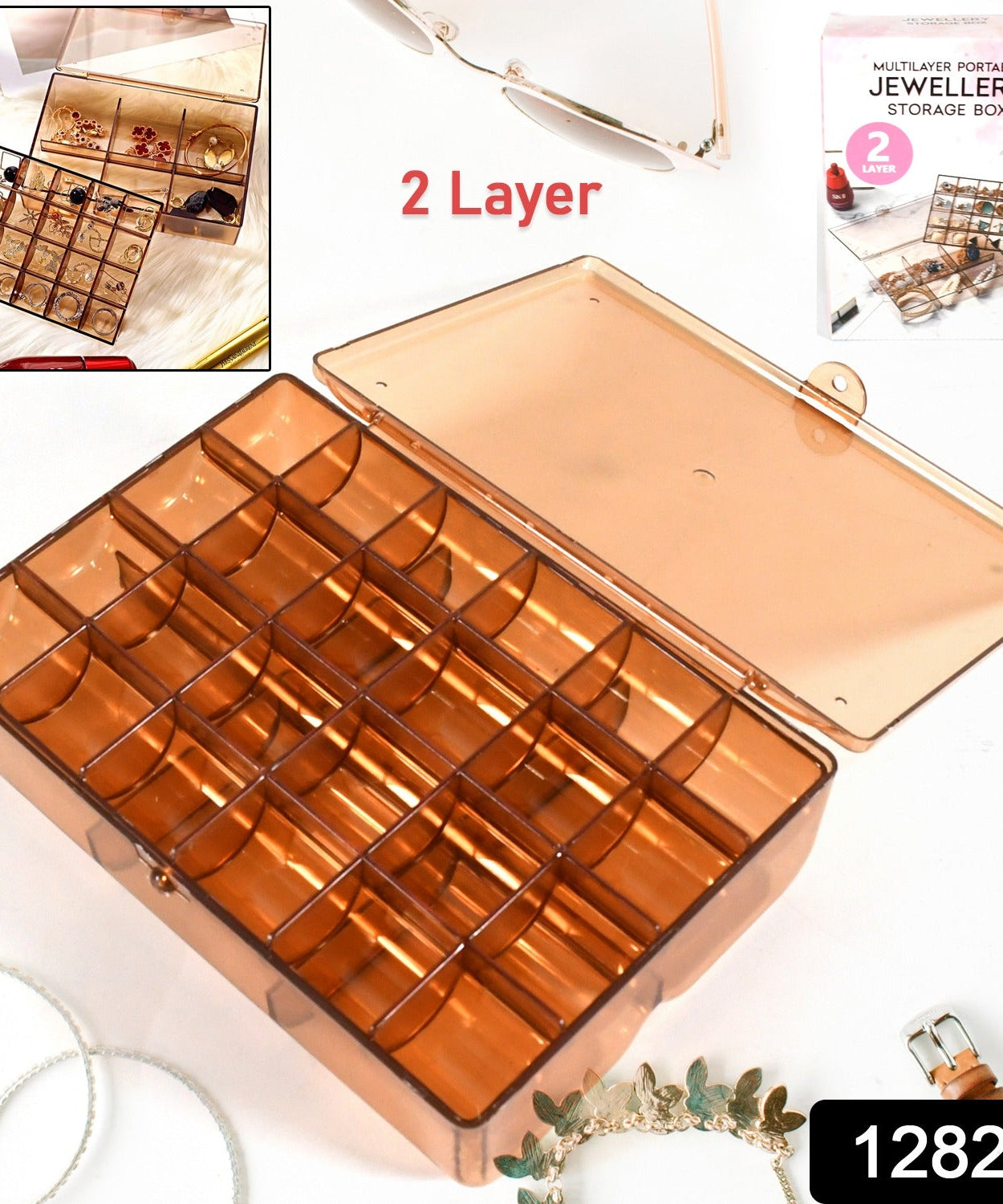 2 layer Acrylic Jewelry Storage Box Dustproof Earring Box, Storage Box Portable Nail Art Storage Case, 24-Grid Small and 6-Grid Big case Makeup Vanity Box (1 Pc / 30 Compartment)