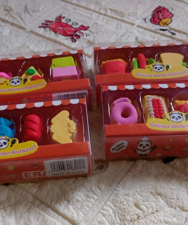 Kids' erasers set featuring food and drink designs