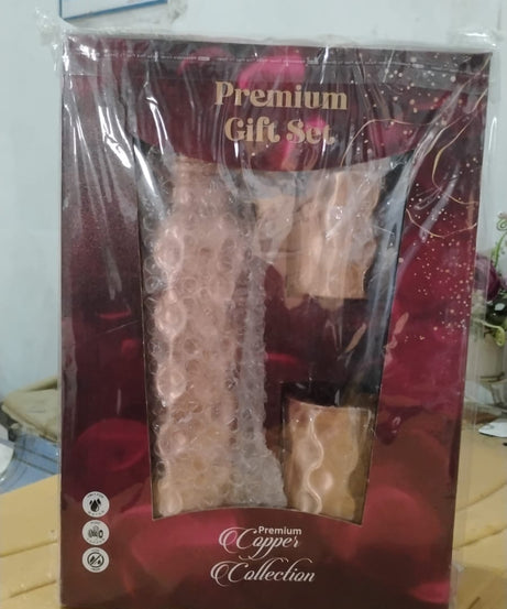 Diamond Cut Copper Water Bottle 2 Glasses with Gift Box (3 Pcs Set)