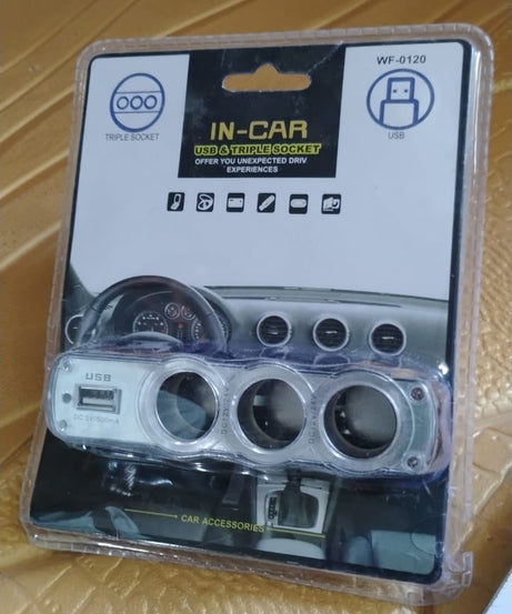 Triple 3 Way Car 12v Lighter Socket Splitter USB Charger Power Adapter