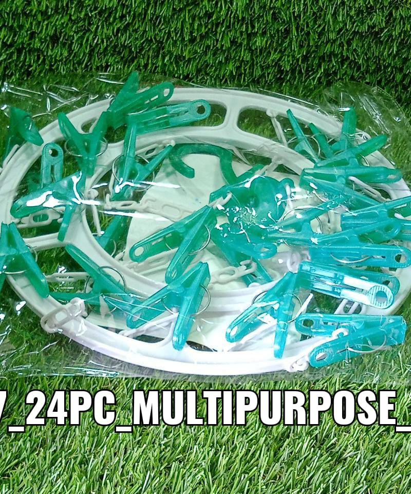 Multicolour round cloth drying stand with 24 plastic clips.