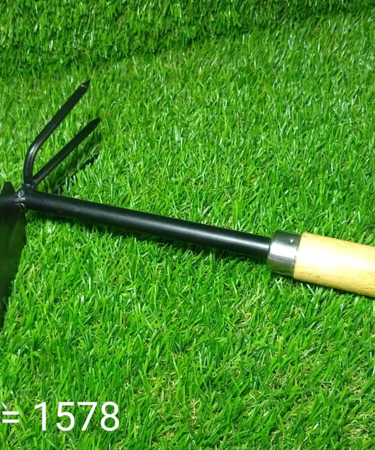 Complete view of double hoe gardening tool with wooden handle.