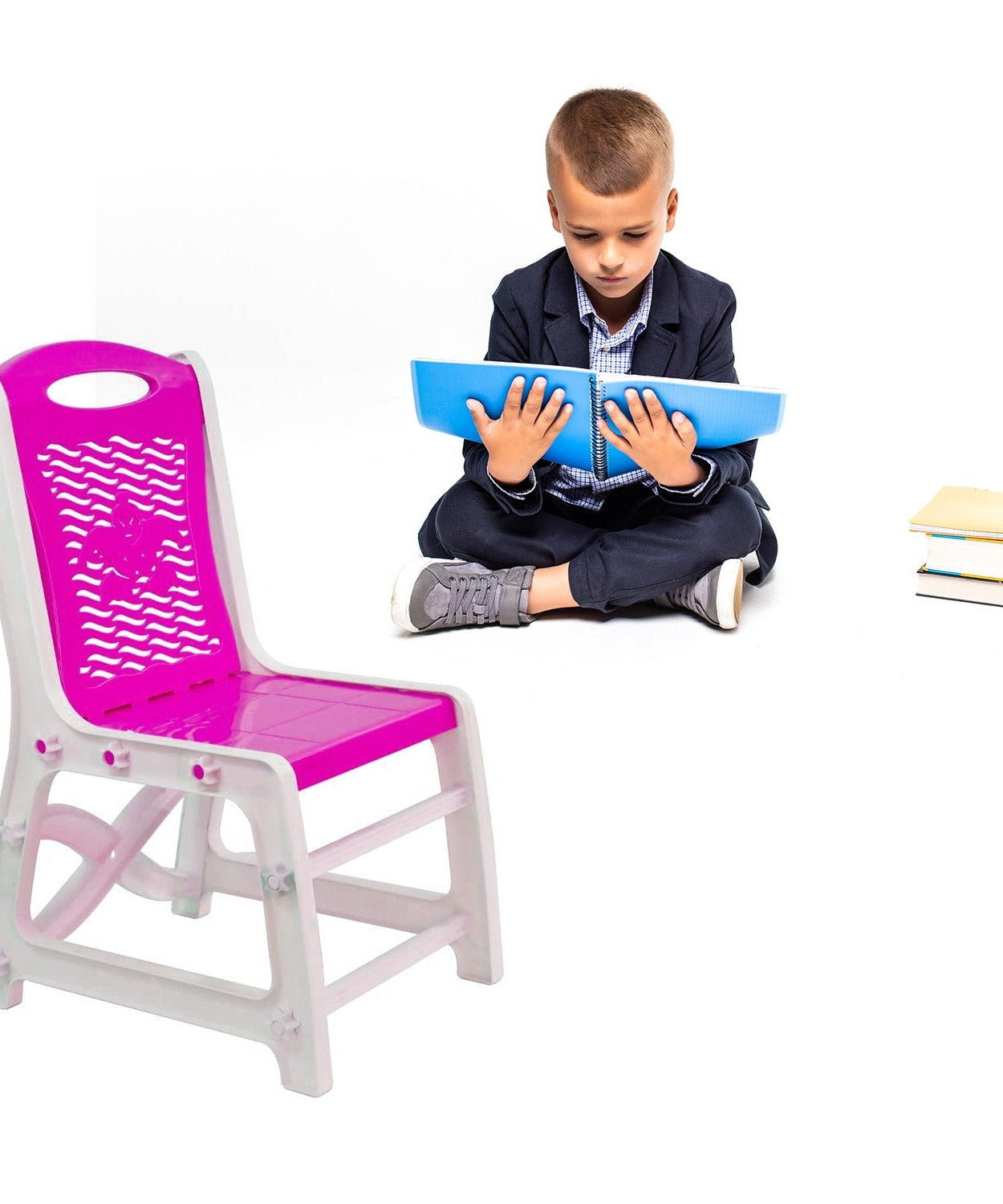 Study table and chair set for boys and girls in pink, made of high-quality plastic with a pencil box.