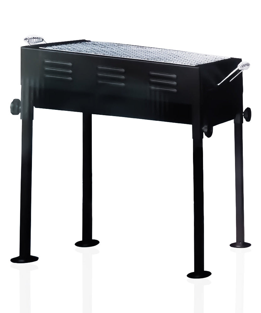 Barbecue grill with wooden handle and skewers