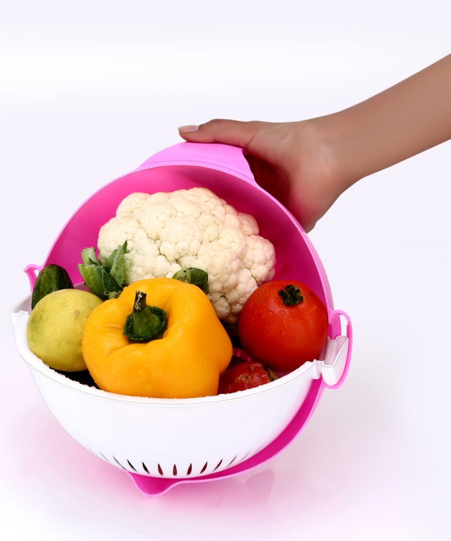 Convenient vegetable cutter and rotating basket combo.