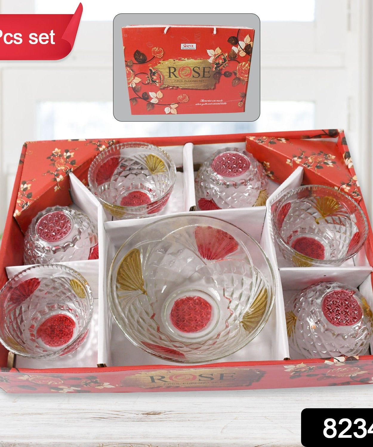 Rose glass Multipurpose Pudding / Dessert / Ice Cream Bowl Set for Home use, Home & Kitchen Serving Bowl for Sundae, Sweets, Snacks, Fruit, Pudding, Nuts or Dip, Serving Bowls 6 Medium & 1 Big Bowl (Set of 7 pc)