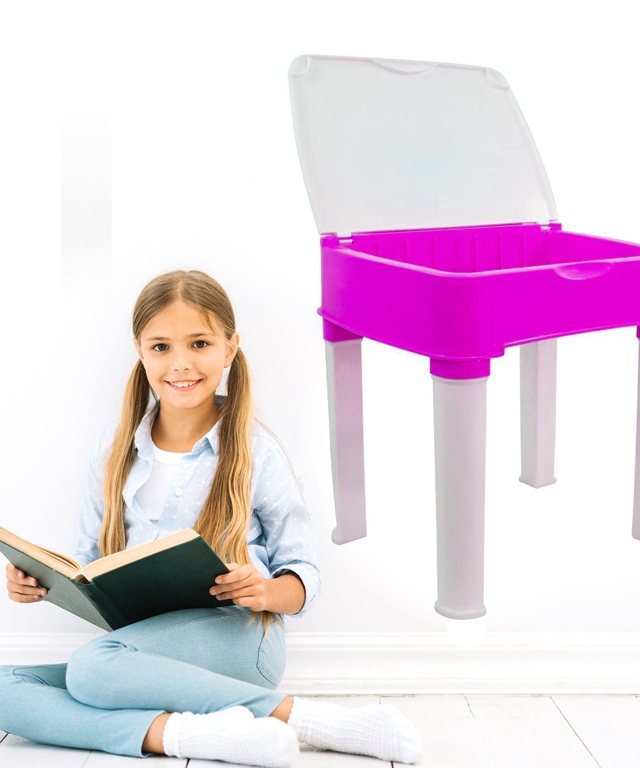 Children's study table and chair set in pink, features a pencil box and durable plastic construction.
