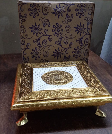 Golden - Square Pooja Chowki Patla / Bajot (20×20 CM / 1 Pc)
