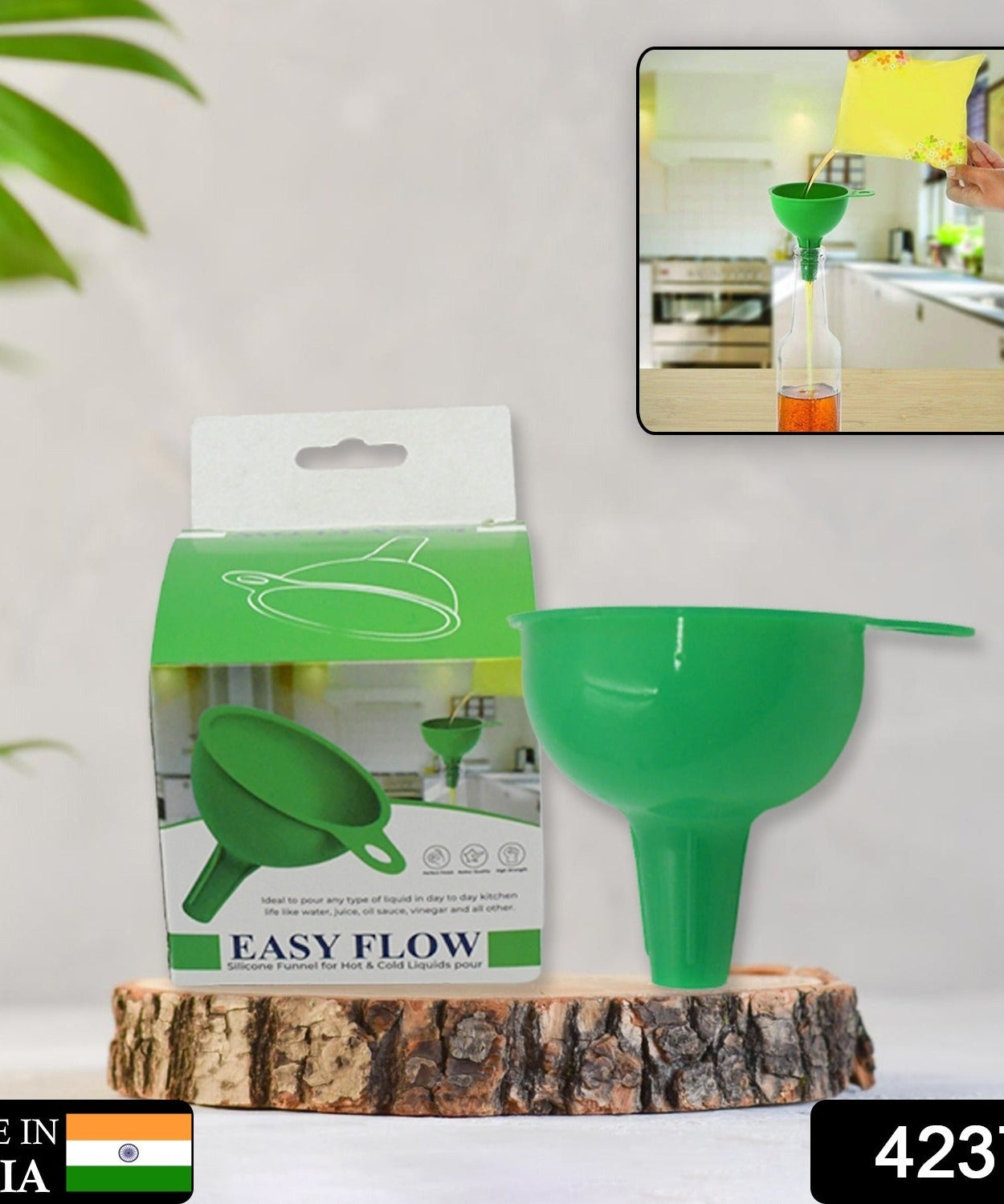 Funnel for pouring liquids, sauces, and small grains with green silicone material