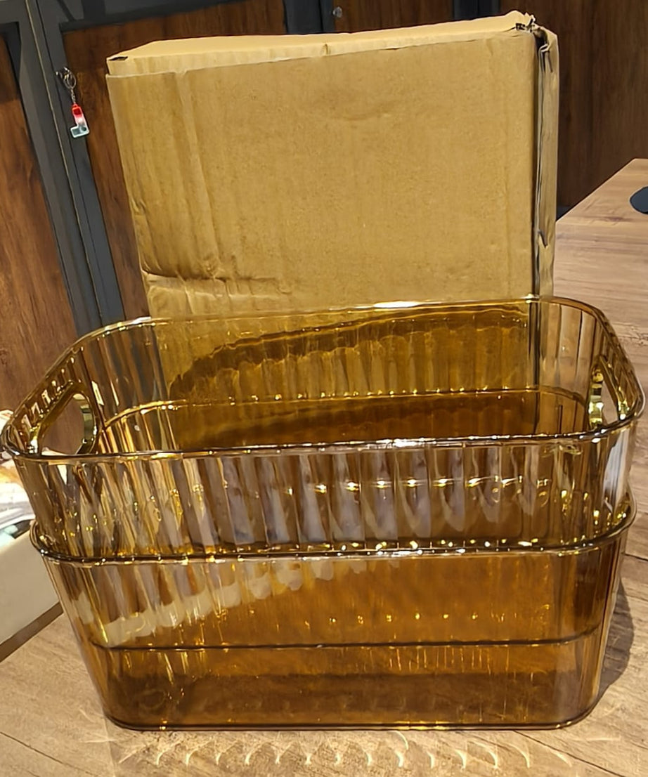 Premium Ribbed Transparent Storage Basket with Gold Handle – Multipurpose Kitchen &amp; Home Organizer Box (25x14cm / 2 Pc)