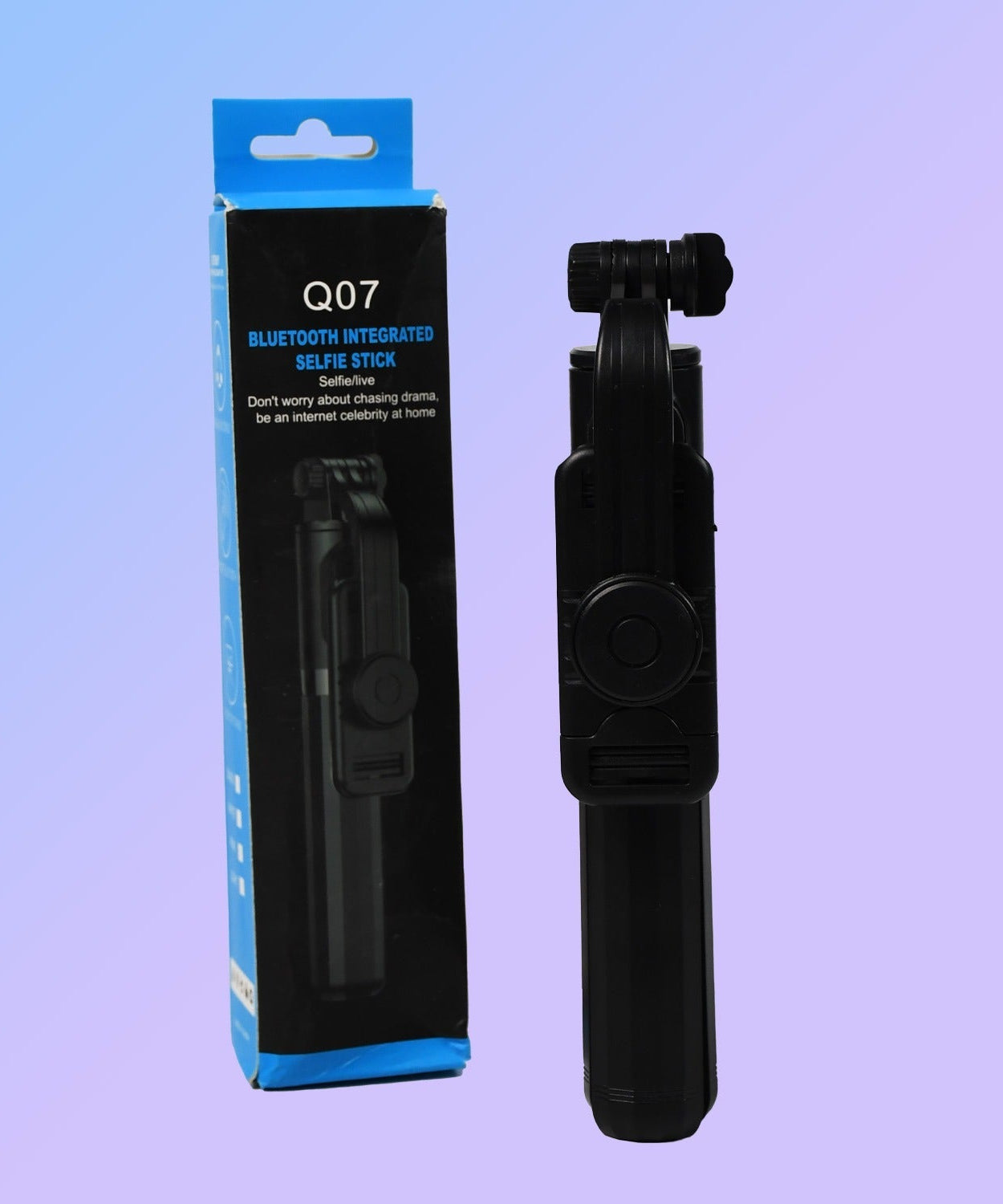 Selfie stick with compact tripod base and Bluetooth remote