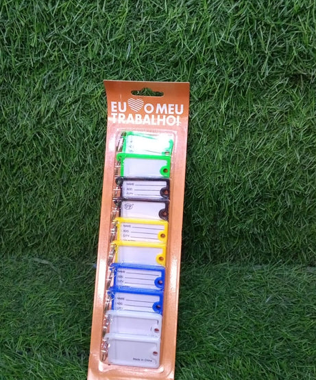 Custom key tags set with 10 plastic rings, numbered, includes keychain for backpack.