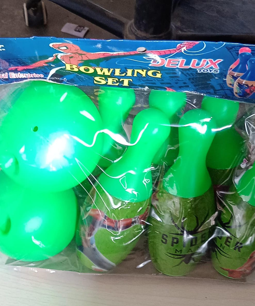 Colorful bowling pins and ball in kids' game set