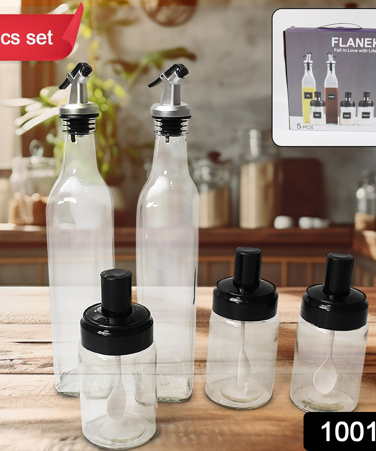Transparent Glass Oil Dispenser 500 ML Bottle Set of 2, Spice Jar 250 ML Set of 3, Oil Bottle for Kitchen, Oil & Vinegar Storage Glass Bottle, Glass Container for Spice, Masala (5 Pcs Set)