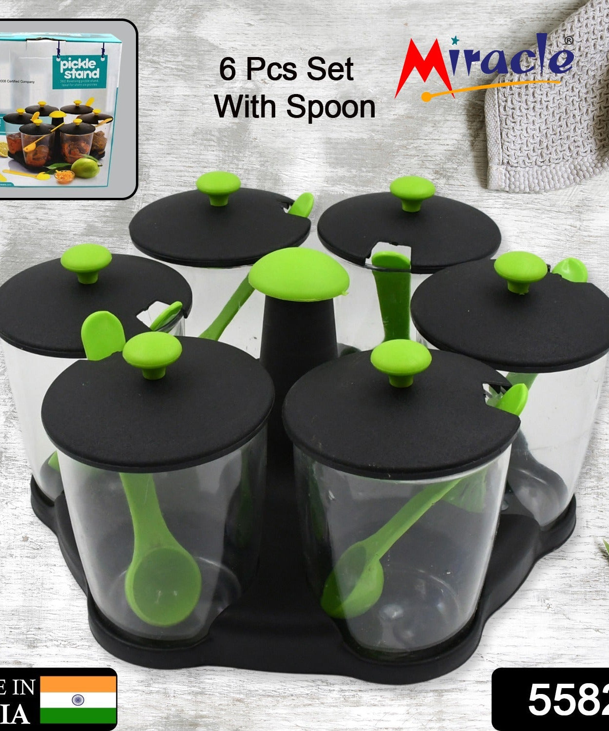 Multipurpose 6 Piece Miracle Revolving Plastic Spice Container Rack With 6 Spoon, Condiment Set, Masala Rack Set, Revolving Spice Rack Aachar Container Chutney Mukhwas Tray Masala Dining Spice Stand