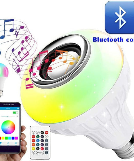 Music-enabled Bluetooth LED bulb with color-changing feature.