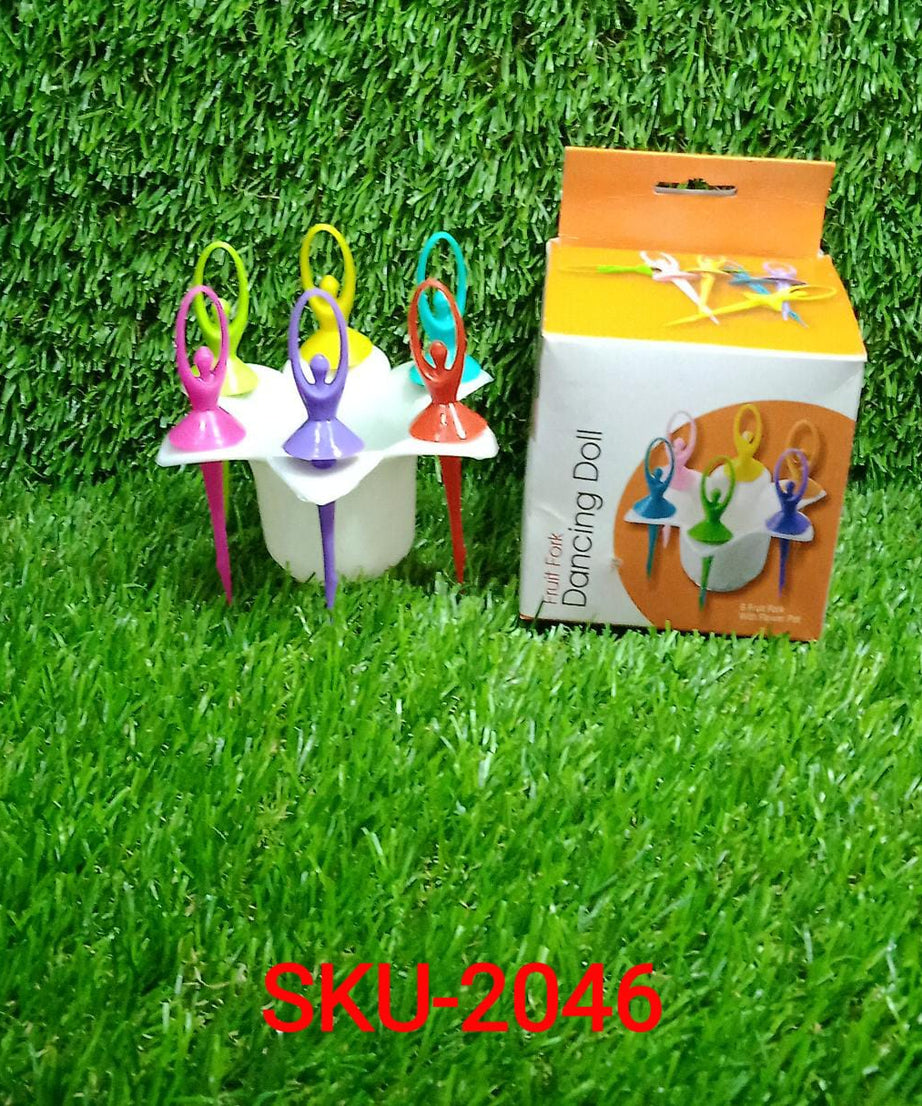 Dancing doll fruit fork set, includes stand for presentation
