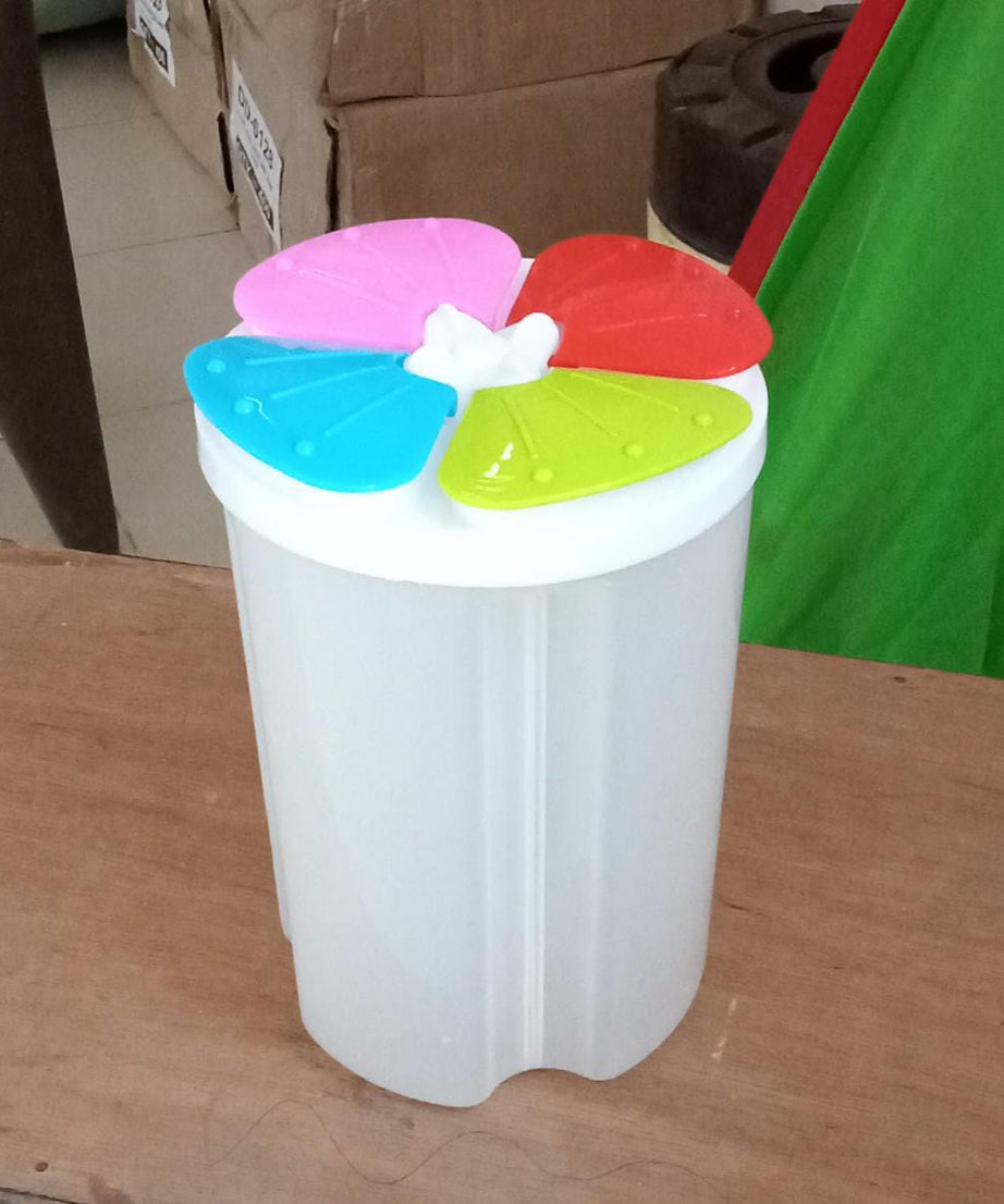 Transparent 4-section storage container for kitchen organization and food storage.