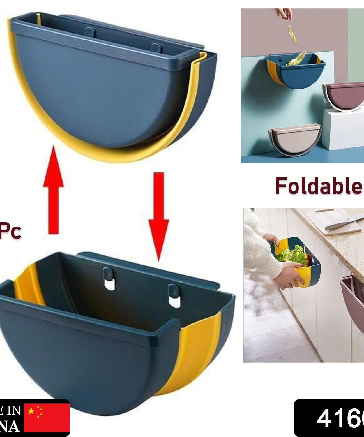 Foldable trash bin for kitchen cabinets and doors.