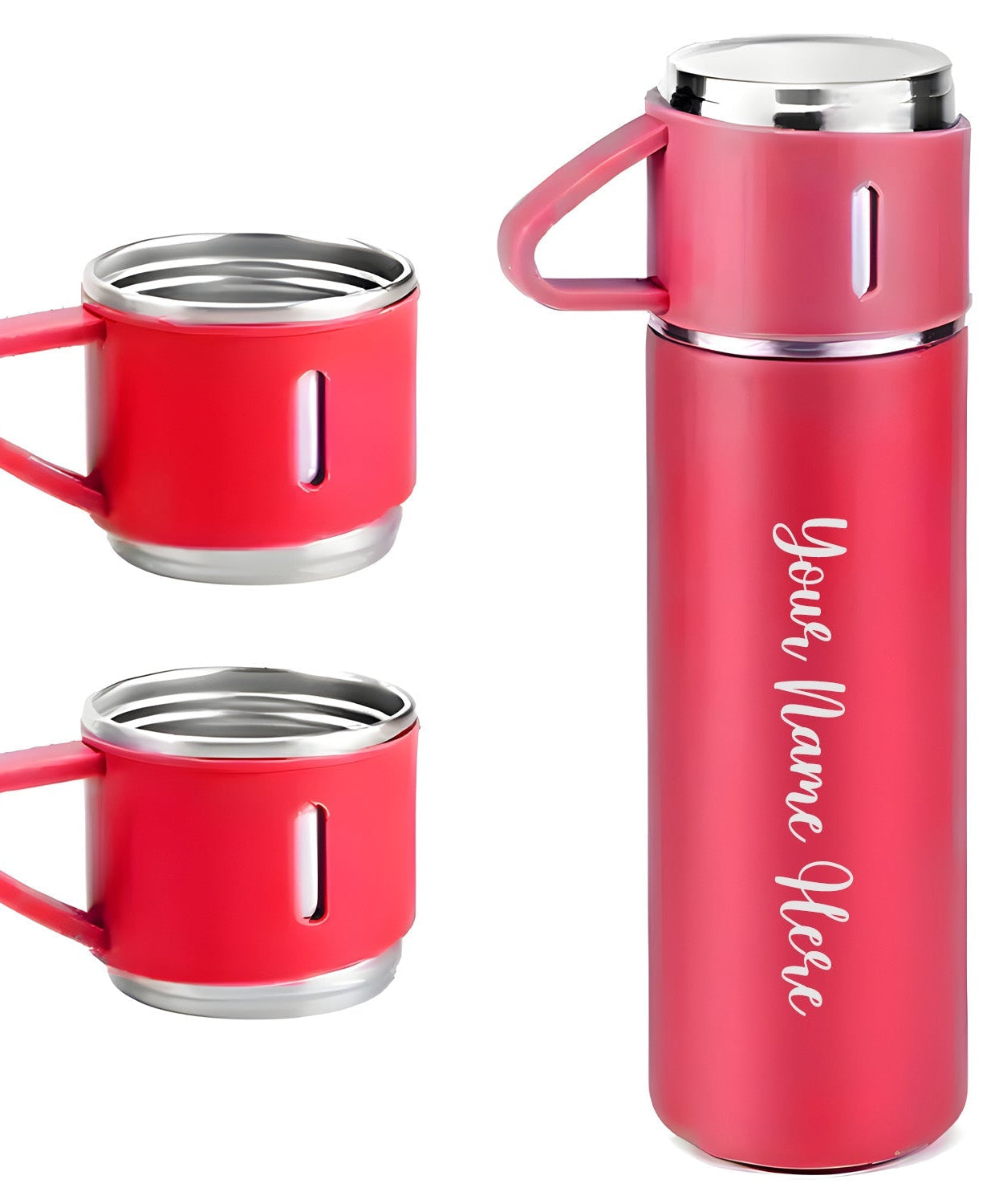 Customized Stainless Steel Vacuum Flask Set with 3 Cups – 500ML | Personalized Name Bottle Gift Combo for Boyfriend, Girlfriend, Employee