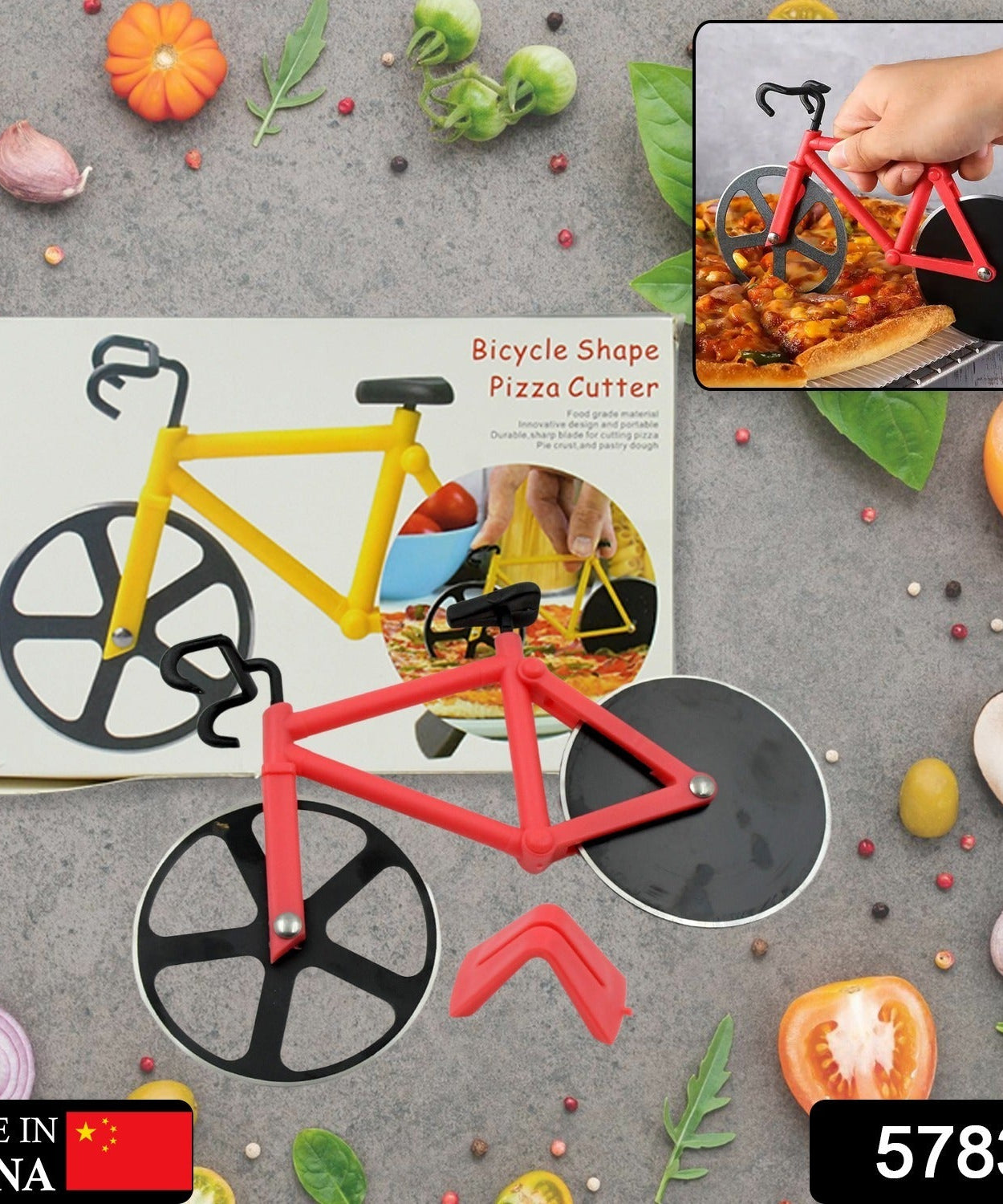 Close-up of a bicycle pizza cutter with a stainless steel blade and durable handle.