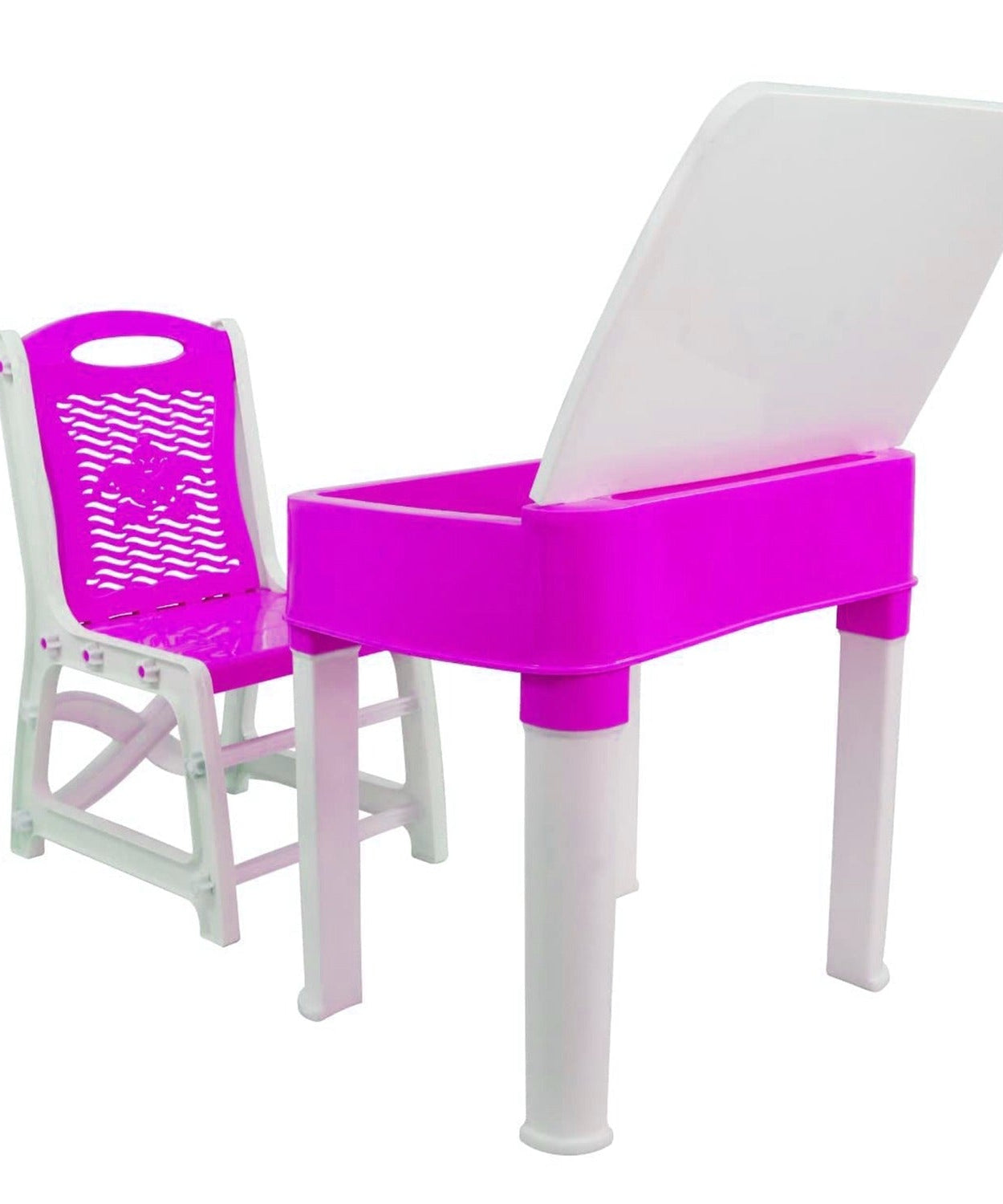 Pink plastic study table and chair set for kids, with integrated pencil storage box.