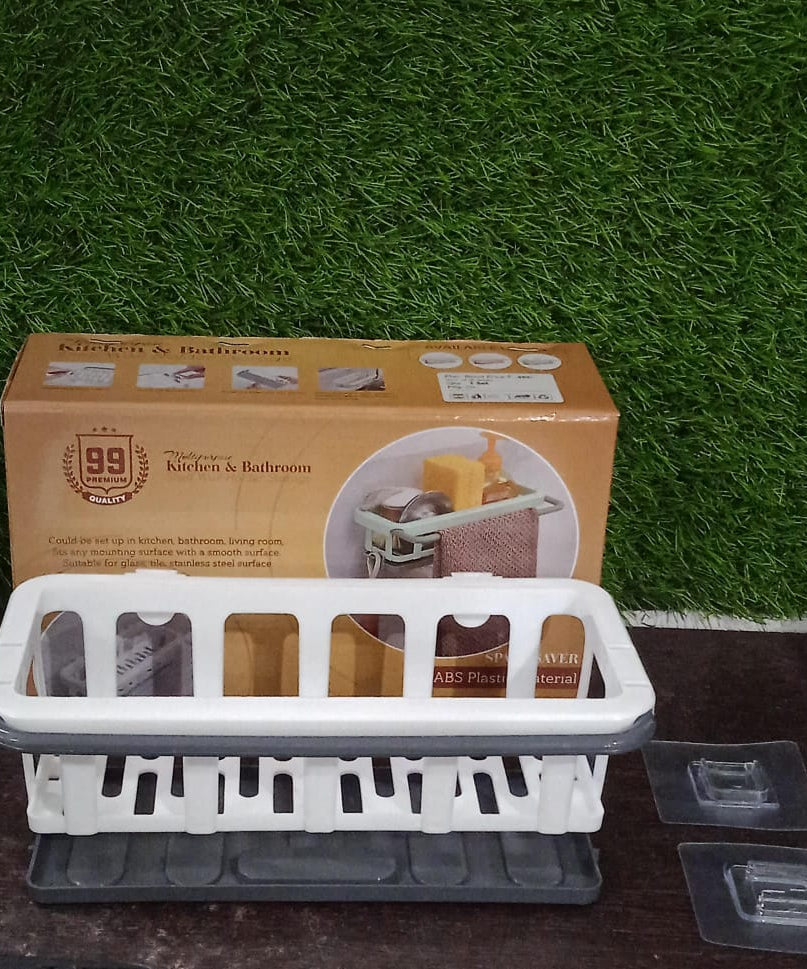 Multipurpose Platic Hanging Drain Rack Retractable Sponge Storage Hanging Rack With Adhesive Hook for Kitchen and Bathroom Dishcloth Holders Basket Drying Tray Organizer