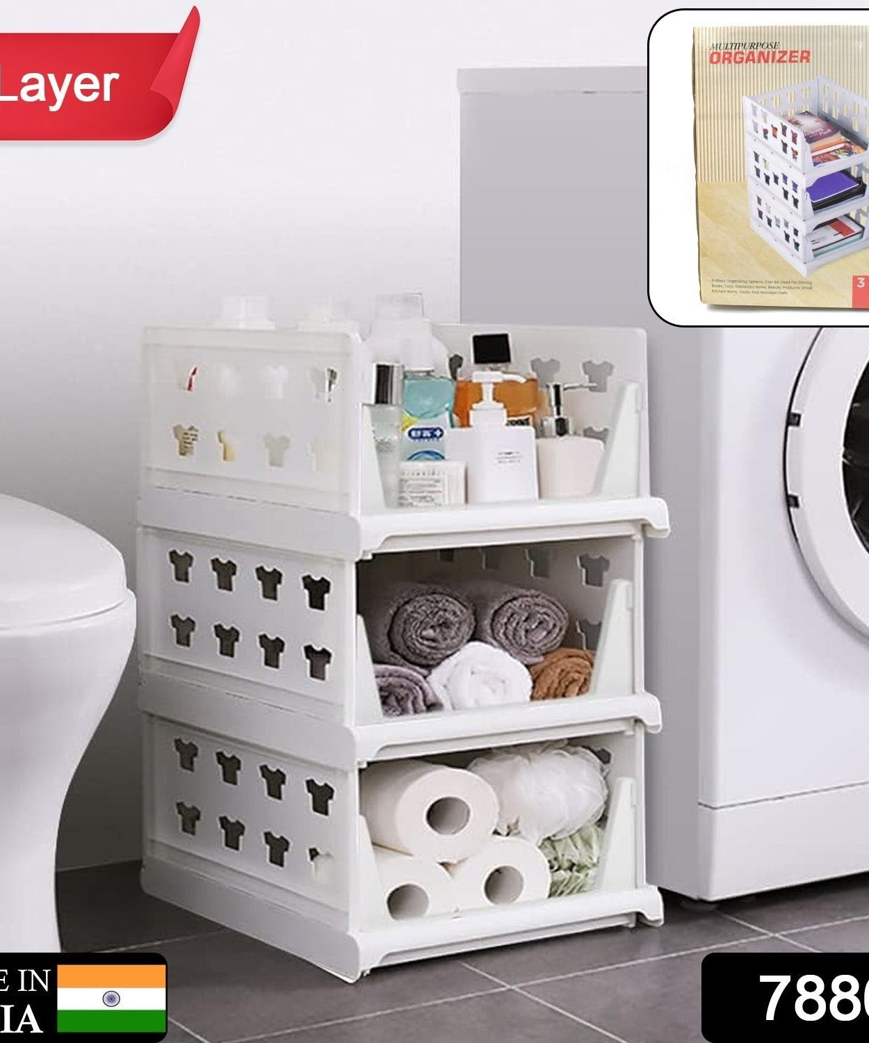 Multifunctional 3-layer storage cart, stackable and foldable