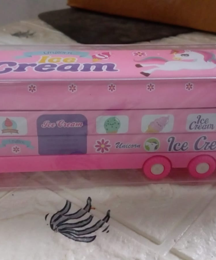 Double Decker Magic Truck Compass Multi Level Metal Truck Compass Pencil Case with Movable Wheels & Sharpener (Mix Design)