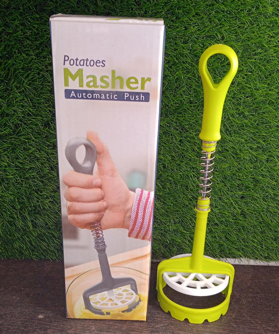 Multi Functional One-Handed Plastic Manual Mashed Potatoes Masher, Mash Sweet Potato Masher with Comfort Grip and Stainless-Steel Spring Design for Nonstick Pans (1 Pc)