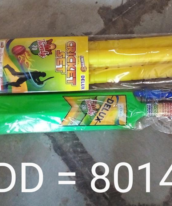 Different angles of plastic cricket set with bat and ball
