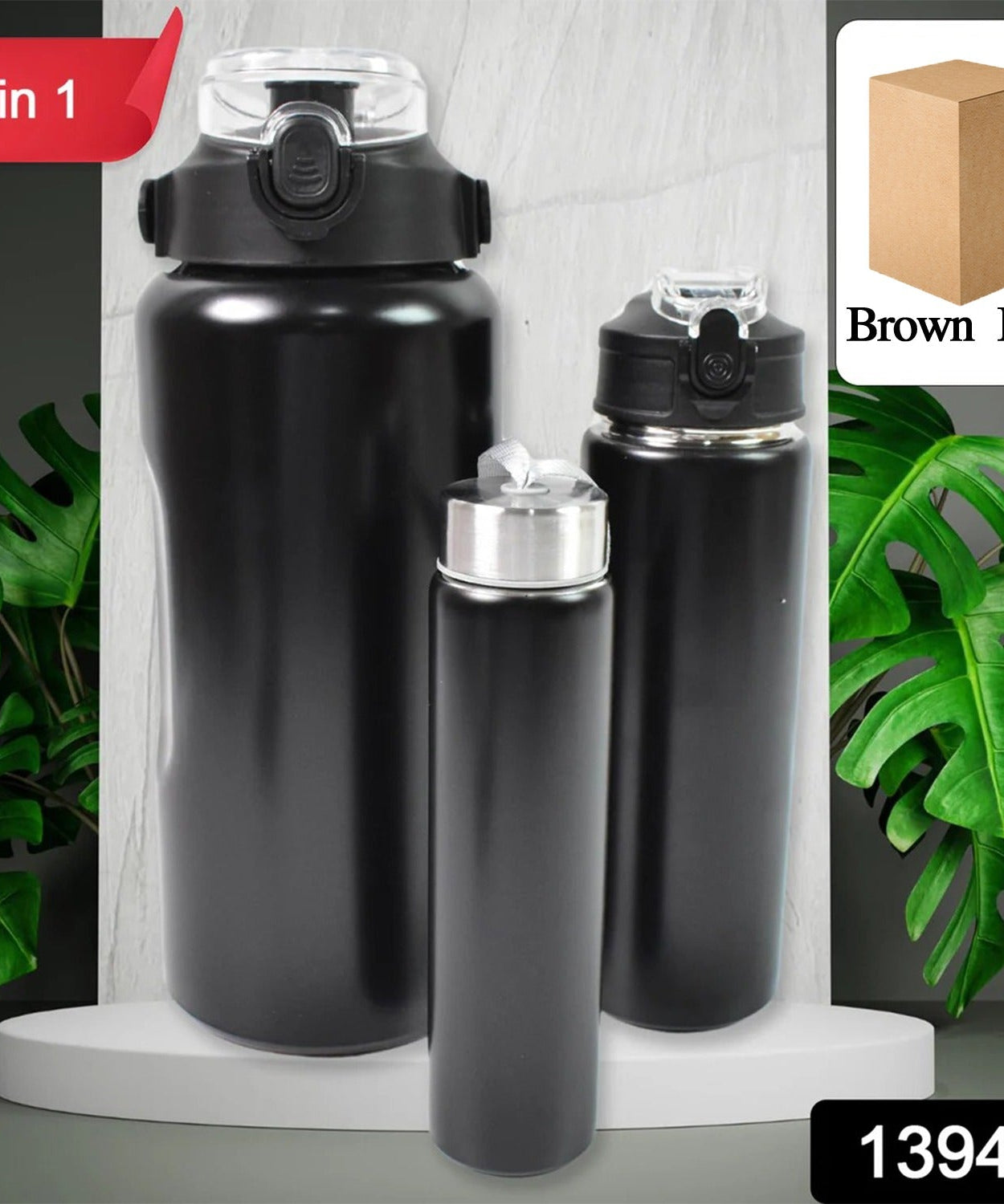 3 In 1 Stainless Steel Insulated Water Bottle, Double Wall Vacuum (3 Pcs Set / Different Size)