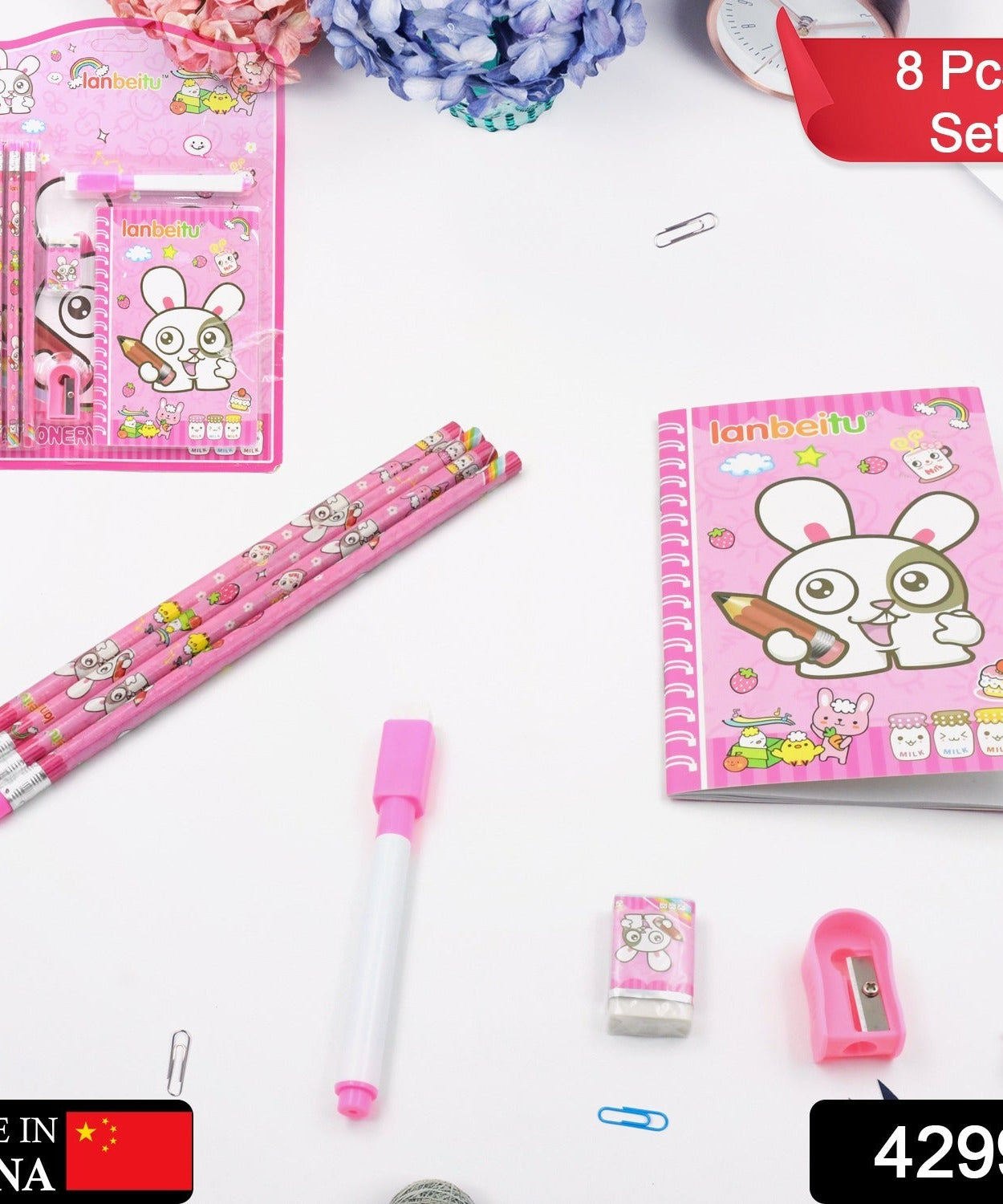 8-piece stationery kit for kids with diary and wooden pencils.
