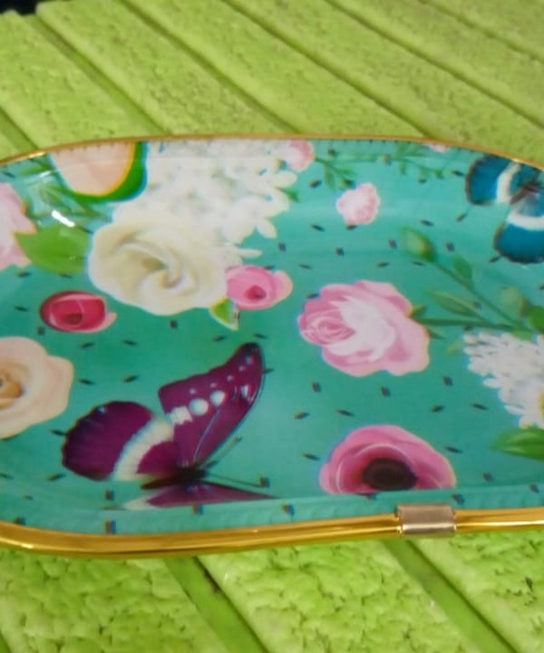 Small Plastic Flower Printed Design Serving Tray (1 Pc / 27 x 18 CM / Mix Color)