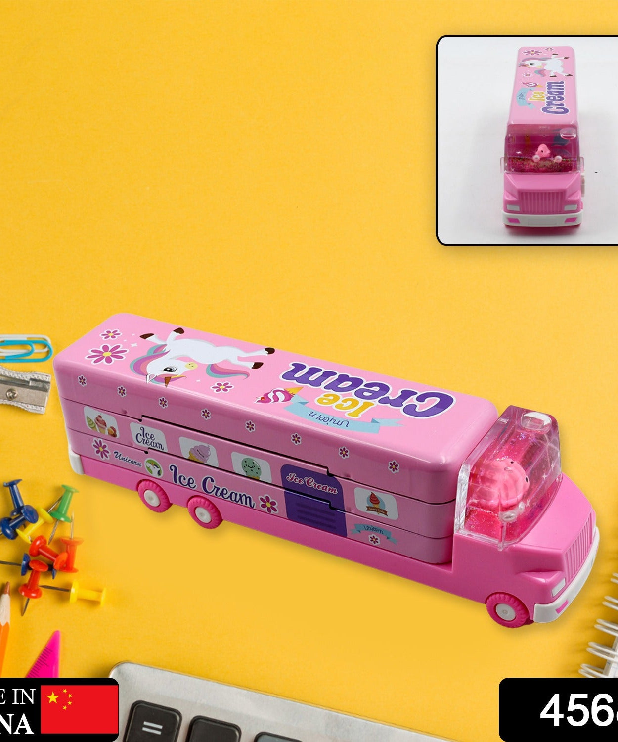 Double Decker Magic Truck Compass Multi Level Metal Truck Compass Pencil Case with Movable Wheels & Sharpener (Mix Design)