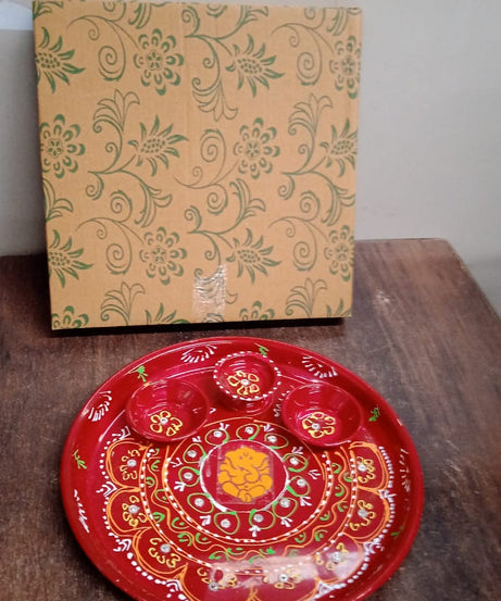 Hand-Painted Decorative Pooja Thali with Ganesha Motif and Diyas