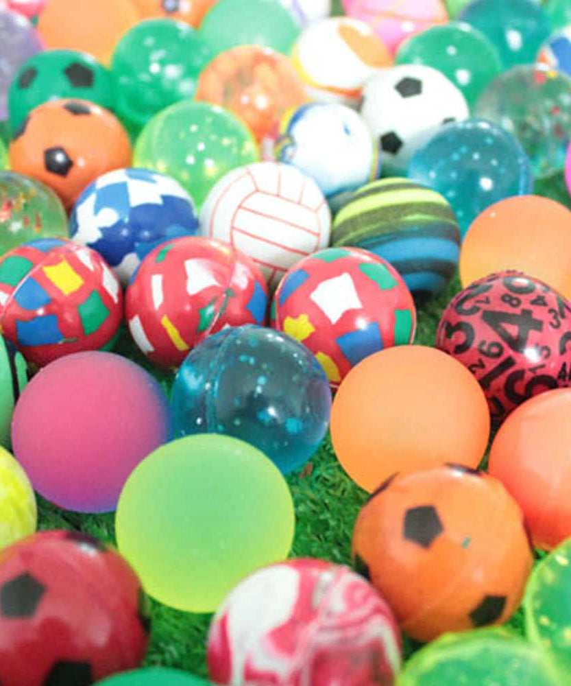 Collection of 14 bouncy balls with bright colors and fun patterns.
