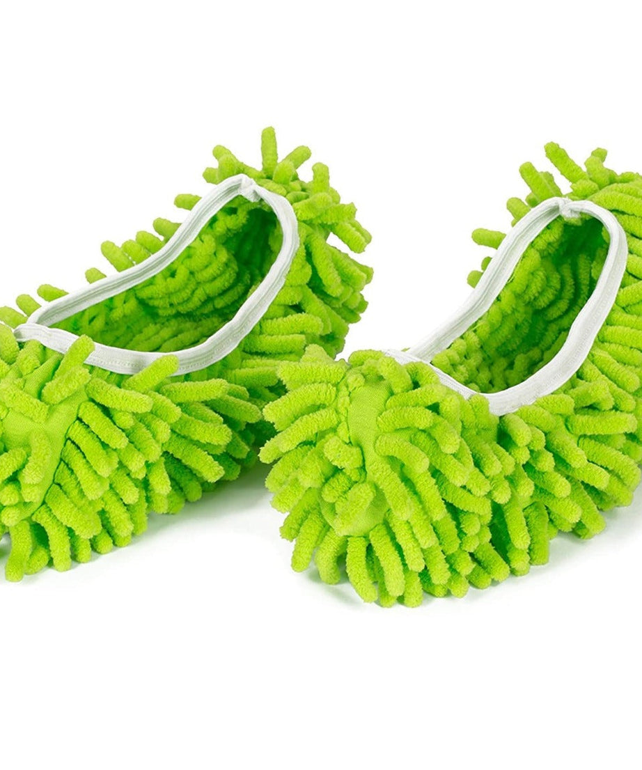 Slippers with attached mop for efficient floor cleaning.