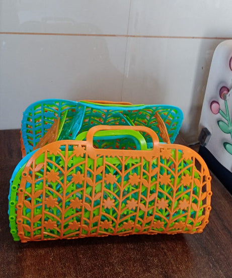 Plastic Foldable Basket Bag || Fruit & Vegetable Storage Basket (3 Pcs Set / Multicolor)