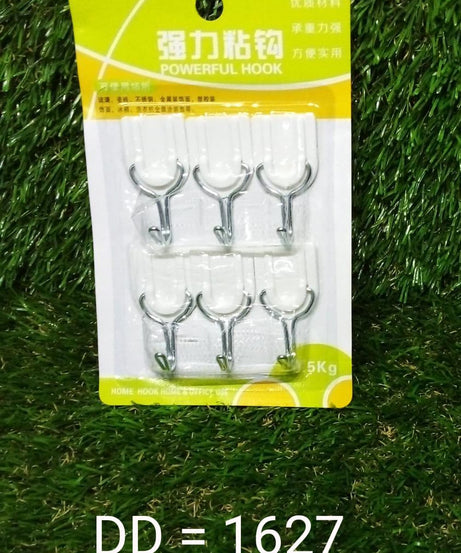 Adhesive wall hook for hanging various items.