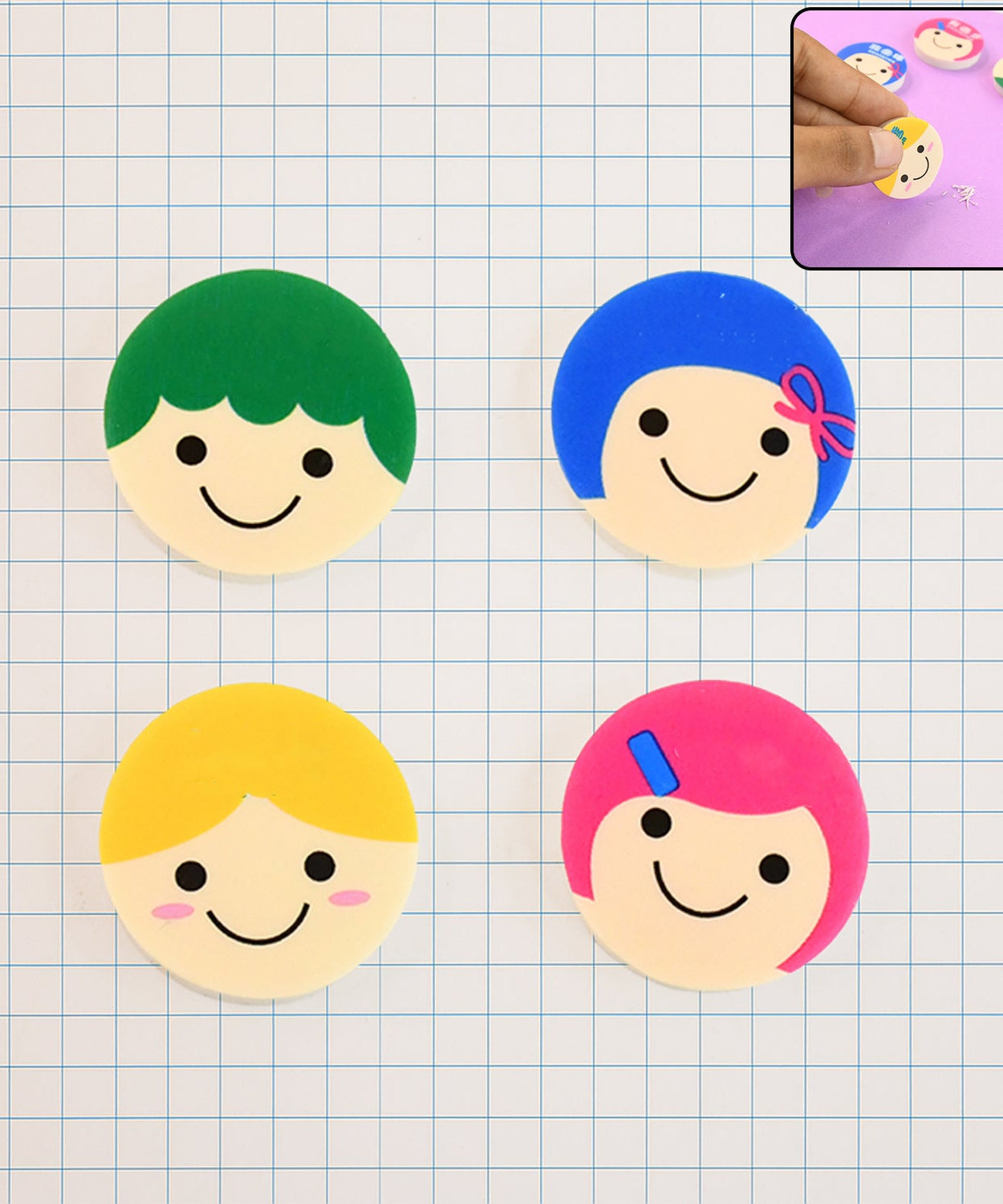 Cute Cartoon Face Erasers for School & Stationery Use (4 Pc)