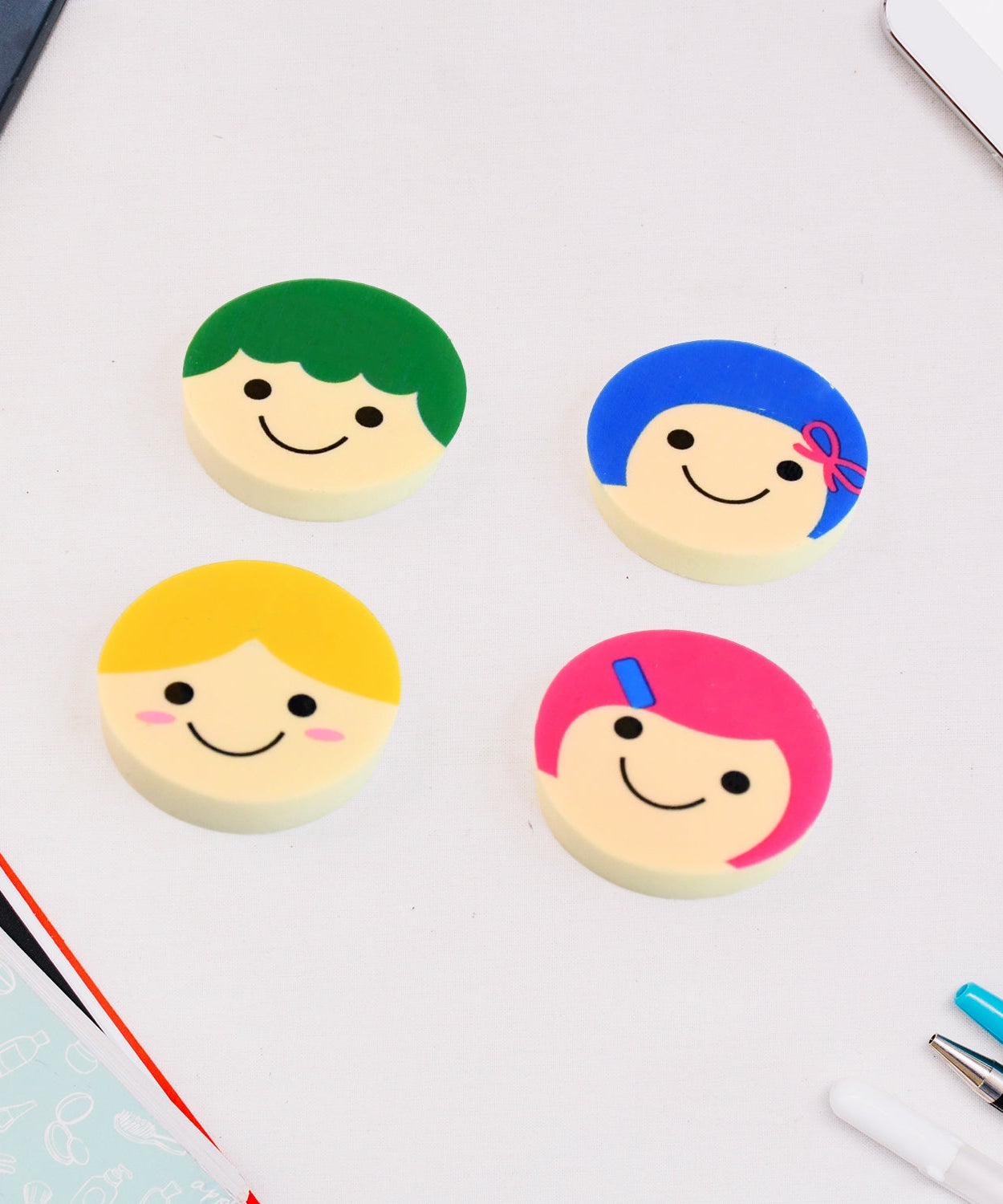 Cute Cartoon Face Erasers for School & Stationery Use (4 Pc)