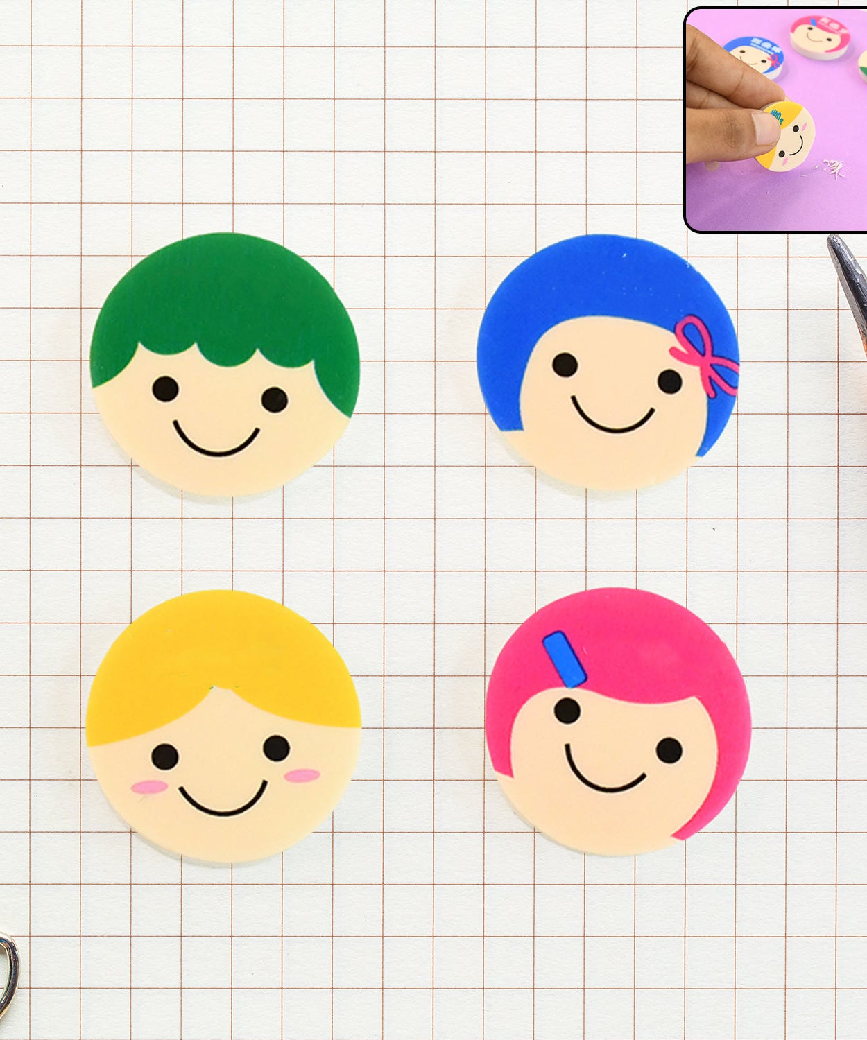 Cute Cartoon Face Erasers for School & Stationery Use (4 Pc)