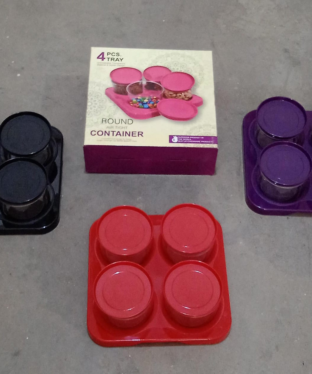 Airtight Plastic 4 Pc Storage Container Set, With Tray Dry Fruit Plastic Storage Container Tray Set With Lid & Serving Tray For Kitchen