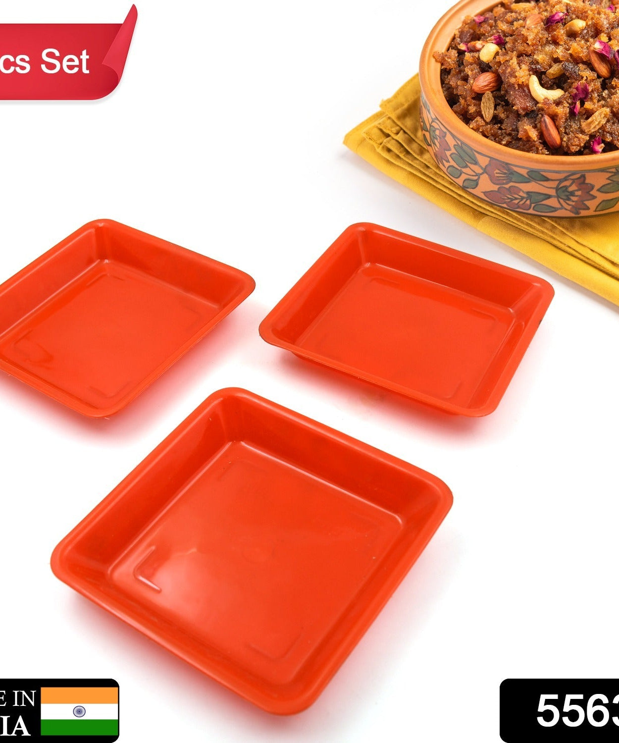Square Plastic Halwa Dinner Plate Snacks / Breakfast, Restaurant Serving Trays Home School Coffee Hotel Kitchen Office (3 Pcs Set)