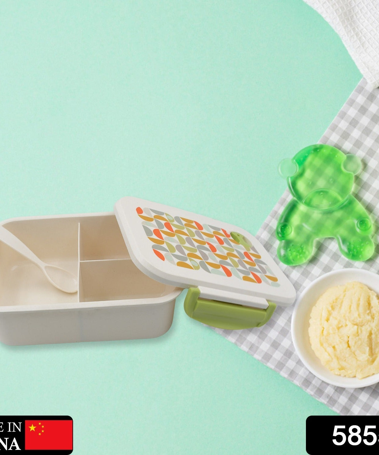 Three-compartment lunch box with spoon, ideal for school or office